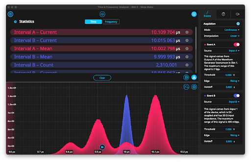 The Moku Time & Frequency Analyzer measuring two intervals simultaneously, with corresponding histograms plotted in real time.