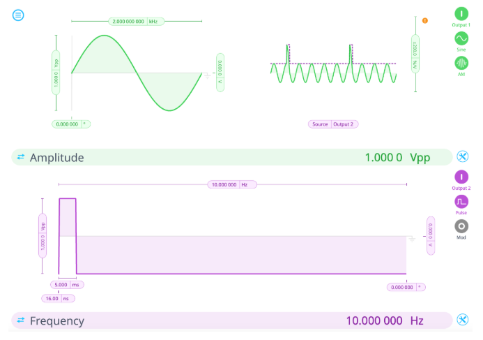 Moku:Go Waveform Generator interface showing pulsed signal parameters to simulate a pulsed radar signal